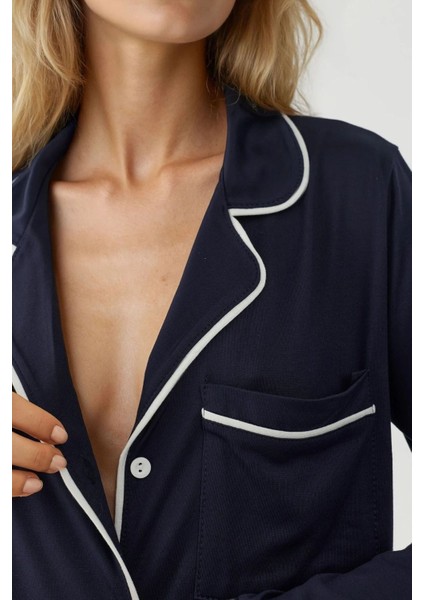 Kadın Ekstra Yumuşak Gömlek Yaka Mini Rahat Gecelik Lacivert indirimleri