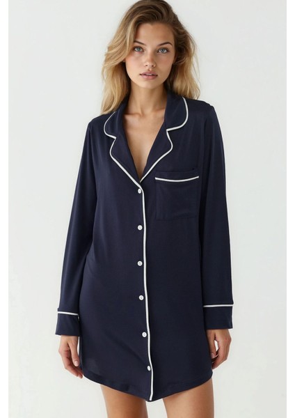 Kadın Ekstra Yumuşak Gömlek Yaka Mini Rahat Gecelik Lacivert