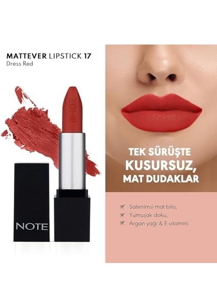 Note Mattever Lipstick 17 Dress Red Yarı Mat Saten Bitişli Ruj, Kızıl Kahverengi modelleri