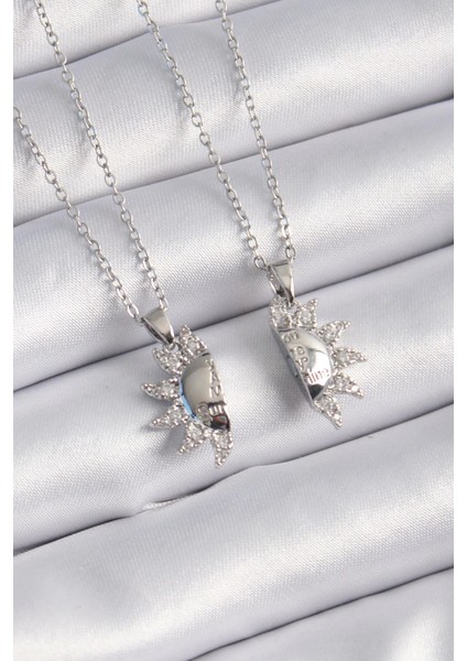 Bfs 316L Çelik Gümüş Renk Zirkon Taşlı Güneş Model Işleme Yazı Detay Arkadaşlık Kolyesi