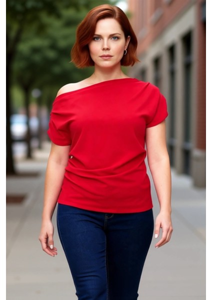 Kadın Asimetrik Yaka Dökümlü Örme Bluz Şıklık ve Konfor Bir Arada Kaliteli Şık Rahat Modern