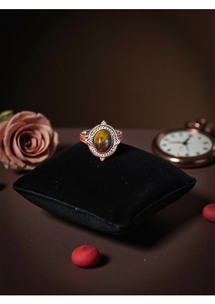 Kaplan Gözü Doğal Taş Ayarlamalı Paslanmaz Çelik Yüzük