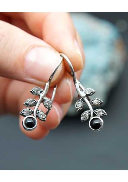 925 Ayar Gümüş Oltu Taşı Kadın Küpe SKÜ00029