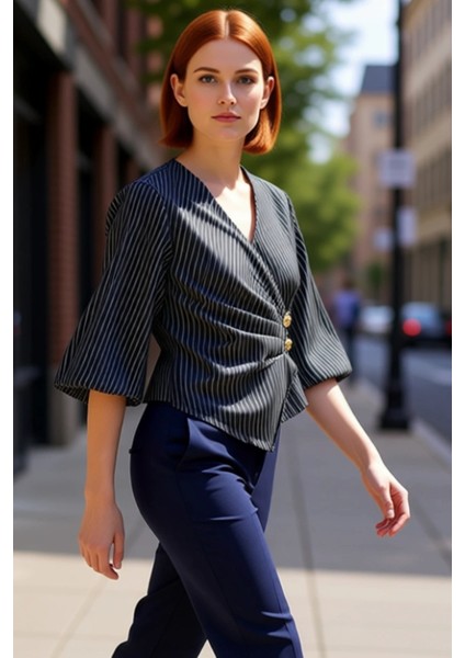 Çizgili Fitted Terrycotton Bluz Kısa Kol Yazlık Günlük Konforlu Kesim Zarifane Tasarım