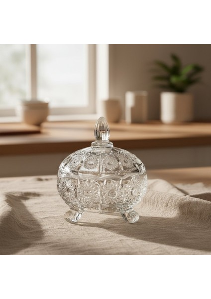 Kesme Güneş Dekor 3 Bacaklı Kapaklı Cam Şekerlik 13×10 cm