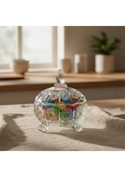 Kesme Güneş Dekor 3 Bacaklı Kapaklı Cam Şekerlik 13×10 cm modelleri