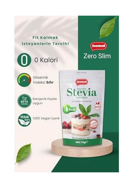Sweetwell Zero Slim Stevia & Eritritol Tatlandırıcı 1 kg x 2 Adet Şekersiz, 0 Kalori, Keto ve Vegan Uyumlu fiyatları