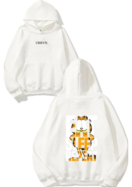 Garfield Repeat Tasarım Baskılı Oversize Beyaz Kapüşonlu Sweatshirt