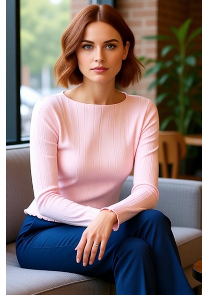 Genç Kadın Slim Fit Bisiklet Yaka Uzun Kollu Pointel Örme Üst Kaliteli Şık Rahat Modern Zarif
