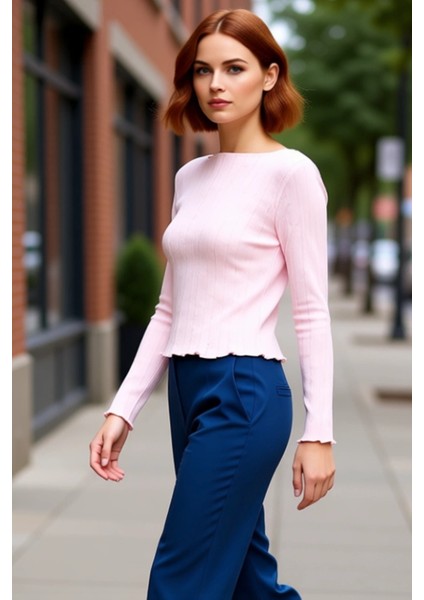 Genç Kadın Slim Fit Bisiklet Yaka Uzun Kollu Pointel Örme Üst Kaliteli Şık Rahat Modern Zarif fırsatları