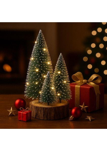 Ahşap Kütük Üzerinde 4’lü LED Işıklı Noel Kar Efektli Çam Ağaçları Seti 23 cm - 18 cm - 12 cm -13 cm fiyatları
