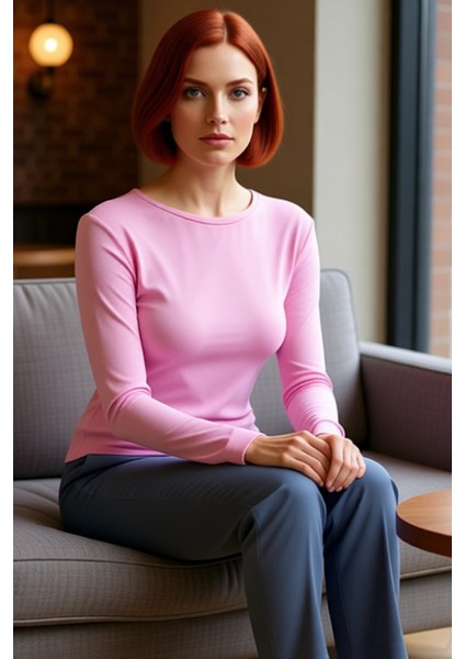 Kadın Regular Bisiklet Yaka Slim Kalıp Örme Viskon Yumuşak Kumaşlı Parmak Geçme Detaylı Esnek Bluz