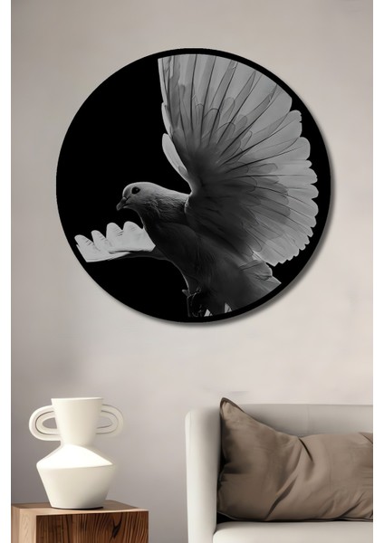 Dekoratif Ahşap Yuvarlak Çerçeve Görünümlü Tablo Beyaz Güvercin Uçuşu