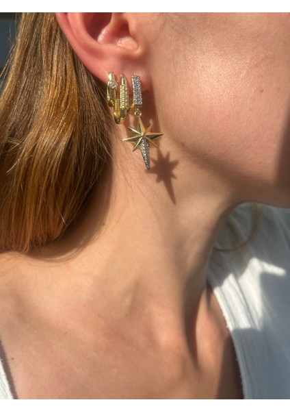 3 Parça Set Kuzey Yıldızı Gold Çelik Küpe