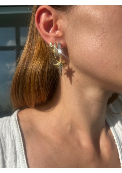 3 Parça Set Kuzey Yıldızı Gold Çelik Küpe modelleri