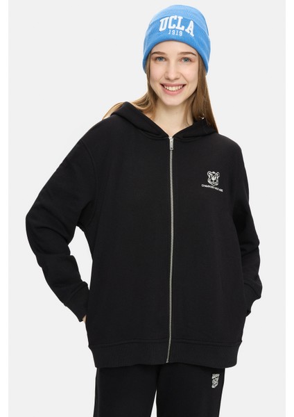 ESTHER Siyah Fermuarlı ve Cepli Nakışlı Loose Fit Kadın Sweatshirt