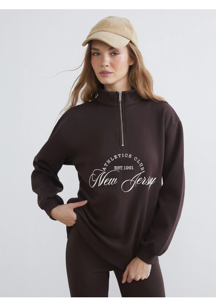 Xsıde Kahverengi New Jersey Baskılı Oversize Kadın Kalın Sweatshirt