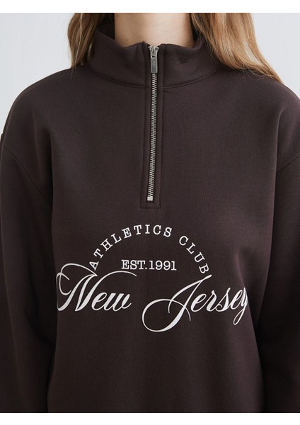 Xsıde Kahverengi New Jersey Baskılı Oversize Kadın Kalın Sweatshirt modelleri