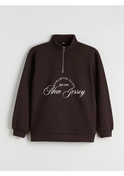 Xsıde Kahverengi New Jersey Baskılı Oversize Kadın Kalın Sweatshirt indirimleri