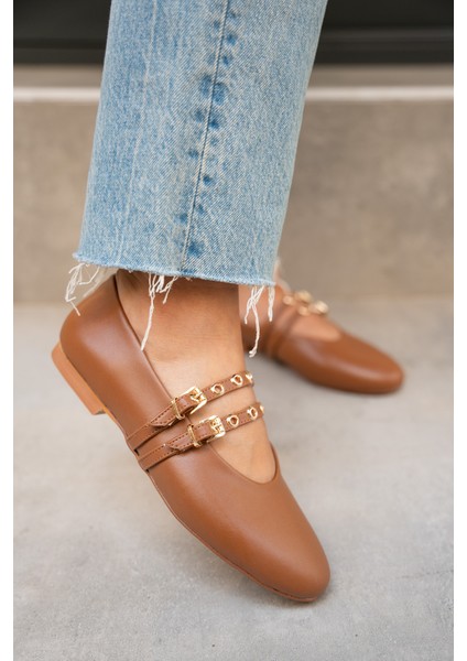 Pari Taba Deri Gold Tokalı Babet modelleri