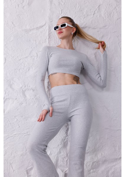 Kadın Ispanyol Paça Pantolon Uzun Kollu Parmak Geçirmeli Crop Takım