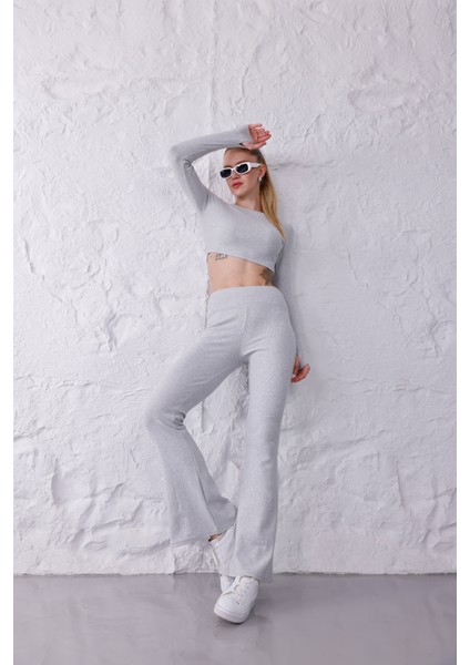 Kadın Ispanyol Paça Pantolon Uzun Kollu Parmak Geçirmeli Crop Takım modelleri