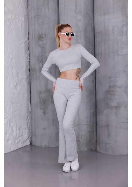 Kadın Ispanyol Paça Pantolon Uzun Kollu Parmak Geçirmeli Crop Takım indirimleri