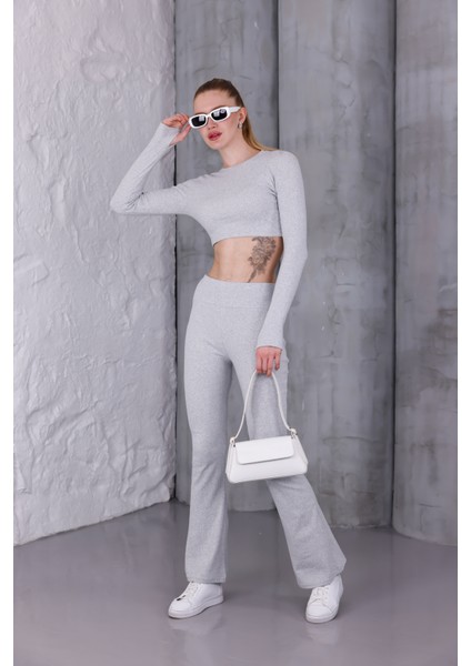 Kadın Ispanyol Paça Pantolon Uzun Kollu Parmak Geçirmeli Crop Takım