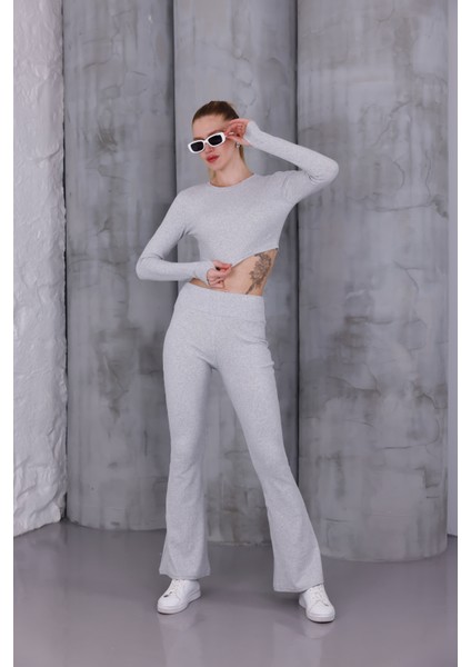 Kadın Ispanyol Paça Pantolon Uzun Kollu Parmak Geçirmeli Crop Takım