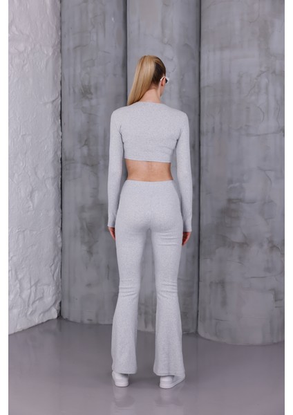 Kadın Ispanyol Paça Pantolon Uzun Kollu Parmak Geçirmeli Crop Takım