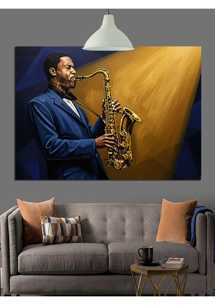 Saksofon Çalan Mavi Ceketli Adam Dekoratif Kanvas - Mdf Ahşap Tablo fiyatları