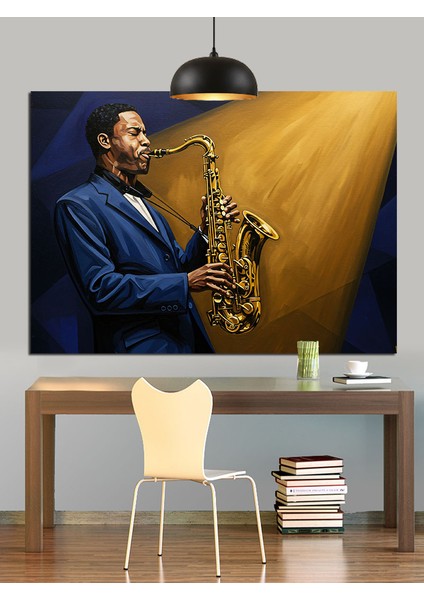 Saksofon Çalan Mavi Ceketli Adam Dekoratif Kanvas - Mdf Ahşap Tablo modelleri