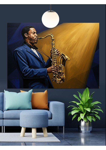 Saksofon Çalan Mavi Ceketli Adam Dekoratif Kanvas - Mdf Ahşap Tablo fırsatları