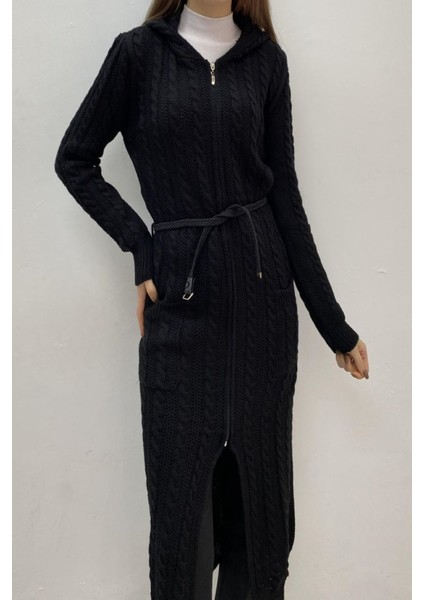 Bayan Uzun Kapşonlu Saç Örgü Ceket