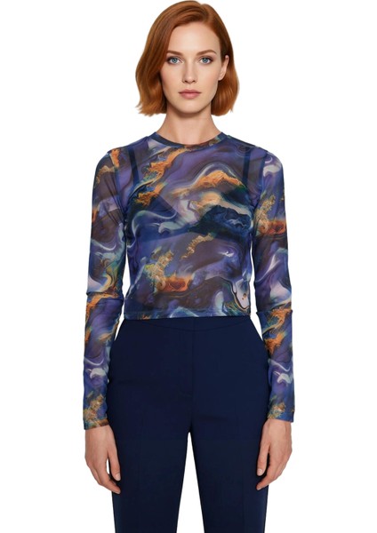 Stil Kadın Baskılı Tül Fitted Vücuda Oturan Esnek Bluz Crop Örme Slim Kalıp