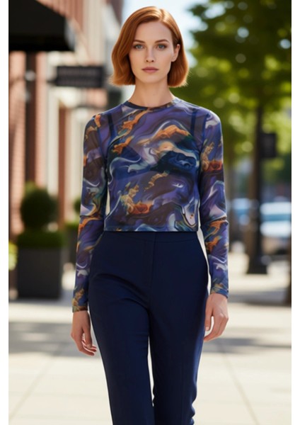 Stil Kadın Baskılı Tül Fitted Vücuda Oturan Esnek Bluz Crop Örme Slim Kalıp modelleri