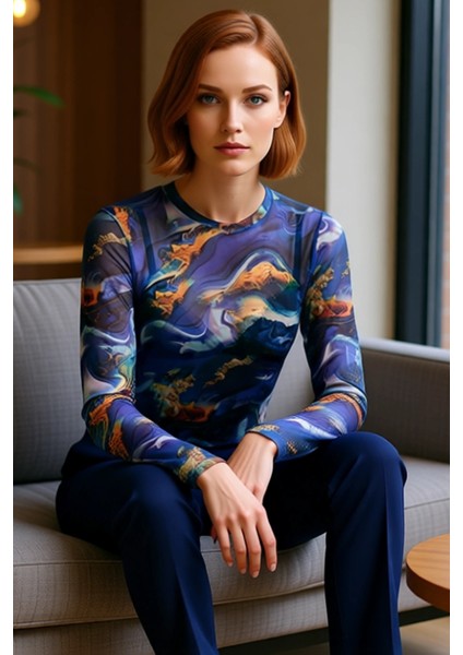 Stil Kadın Baskılı Tül Fitted Vücuda Oturan Esnek Bluz Crop Örme Slim Kalıp fırsatları