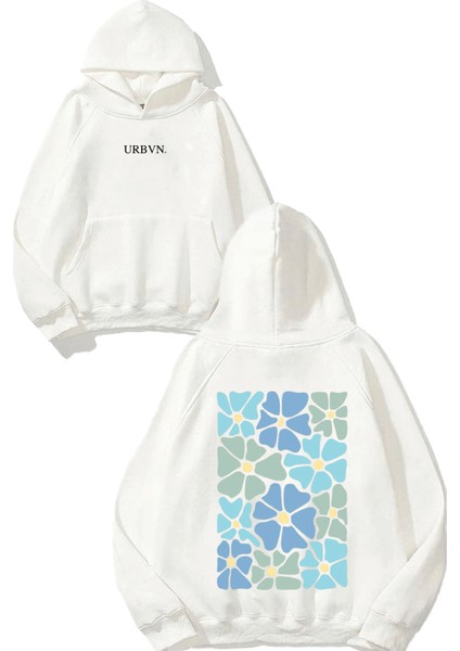 Blue Flowers Tasarım Baskılı Oversize Beyaz Kapüşonlu Sweatshirt