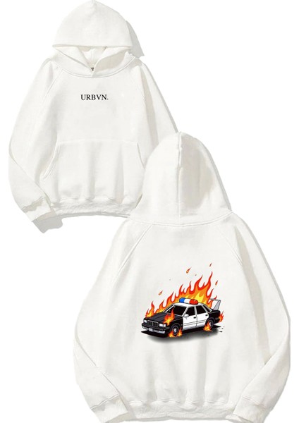 Police Car Tasarım Baskılı Oversize Beyaz Kapüşonlu Sweatshirt