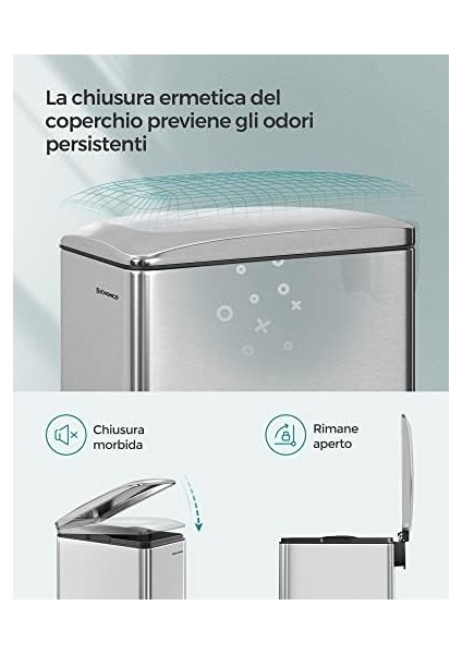 Mutfak Çöp Kutusu, 48 Litre, Dar, Çöp Kutusu, Dar Alanlar Için Pedallı Çöp Kutusu, Yavaş Kapanan Kapaklı ve Iç Kovalı Mutfak Çöp Kutusu, Paslanmaz Çelik, 15 Çöp Torbası Dahil, Gümüş modelleri