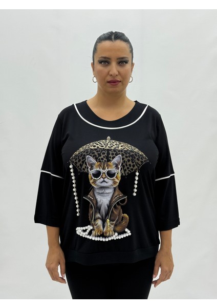 Büyük Beden Kedi Desenli Inci Detaylı Kapri Kol Geniş Kalıp Viskon Kadın Bluz
