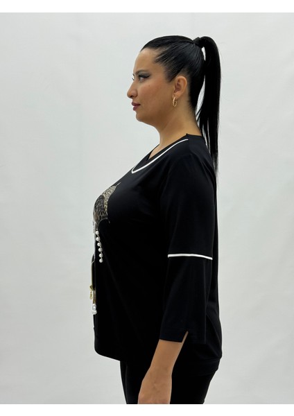 Büyük Beden Kedi Desenli Inci Detaylı Kapri Kol Geniş Kalıp Viskon Kadın Bluz modelleri