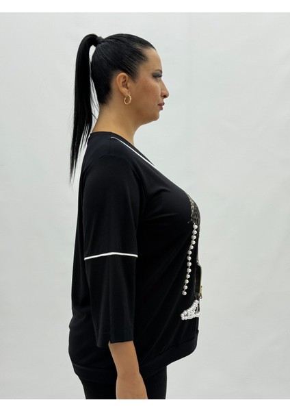 Büyük Beden Kedi Desenli Inci Detaylı Kapri Kol Geniş Kalıp Viskon Kadın Bluz fırsatları