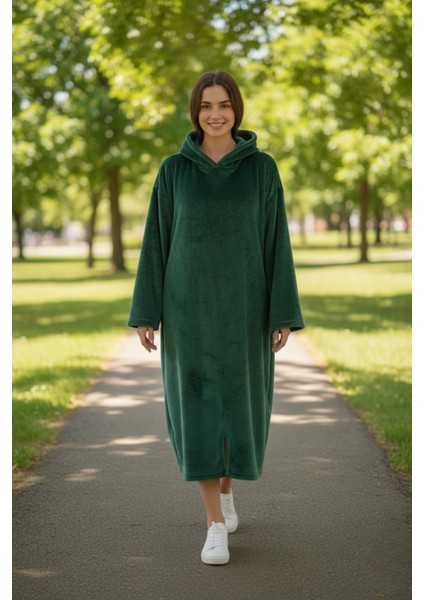 Serona Wellsoft Peluş Kapüşonlu Uzun Panço Yumuşak Dokulu Giyilebilir Tv Battaniyesi | Z.yeşil S/m