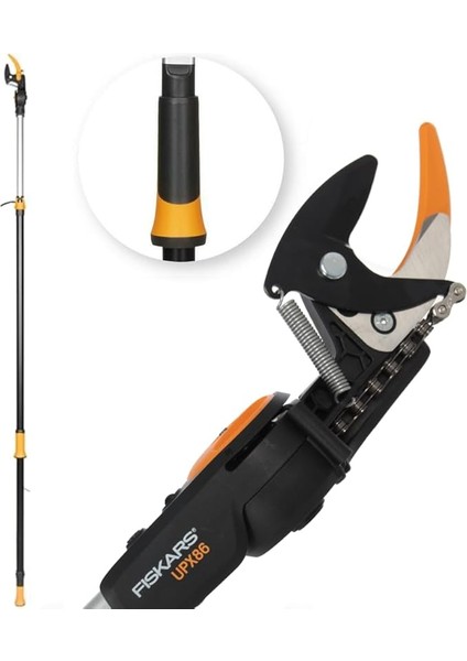 Bypass Teleskopik Budama Zürafası, Taze Dallar ve Dallar Için, Yapışmaz Kaplama, Çelik Bıçak/alüminyum Sap, Uzunluk 2,4 – 4 M, Siyah/turuncu, UPX86, 1023624