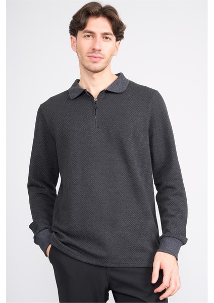 Çetinkaya Mentality 4415 Erkek Fermuarlı Dik Yaka Petek Örgü Sweatshirt Antrasit