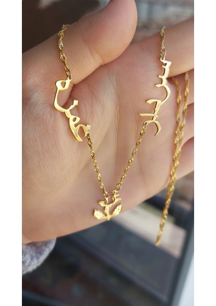 925 Ayar Gümüş 24 Ayar Altın Kaplama 2 Isimli Gül Figürlü Kolye