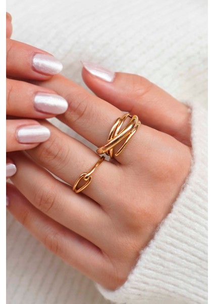 Zincir ve Halka Tasarım Altın Kadın Çelik Yüzük Seti – 2'li