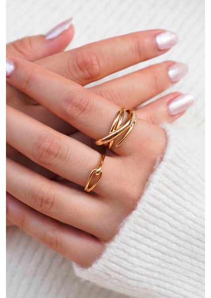 Zincir ve Halka Tasarım Altın Kadın Çelik Yüzük Seti – 2'li fiyatları