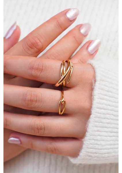 Zincir ve Halka Tasarım Altın Kadın Çelik Yüzük Seti – 2'li modelleri